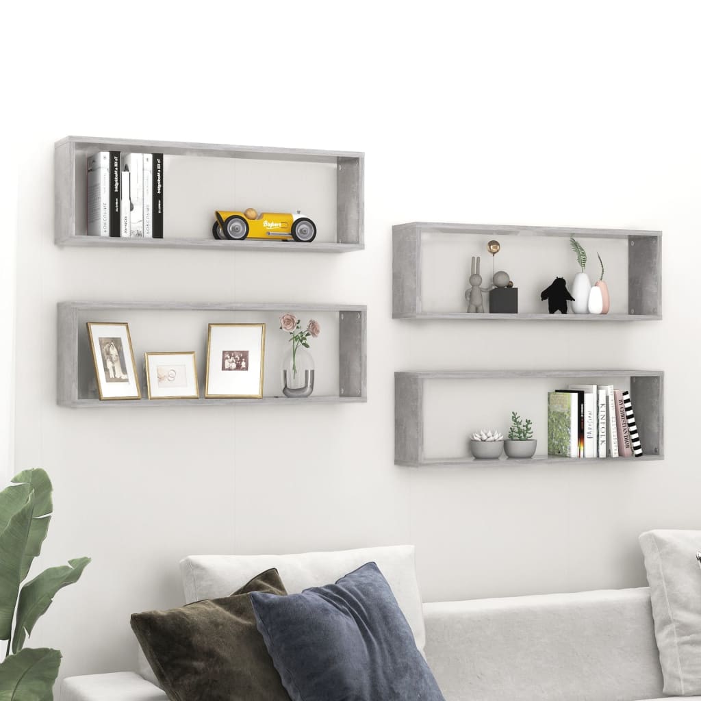 Étagères cube murales 4 pcs gris béton bois d'ingénierie