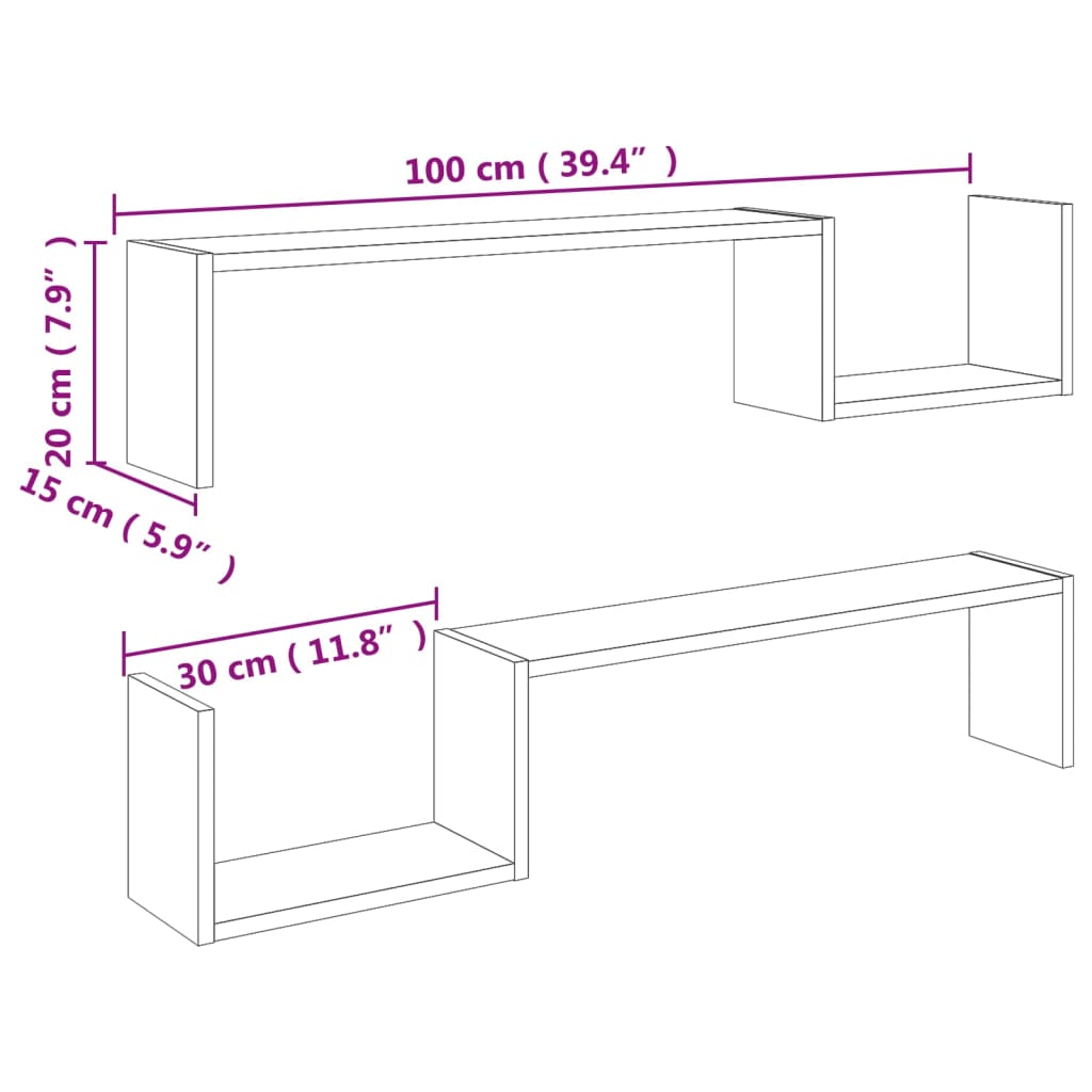 Étagères murales 2 pcs chêne sonoma 100x15x20cm bois ingénierie