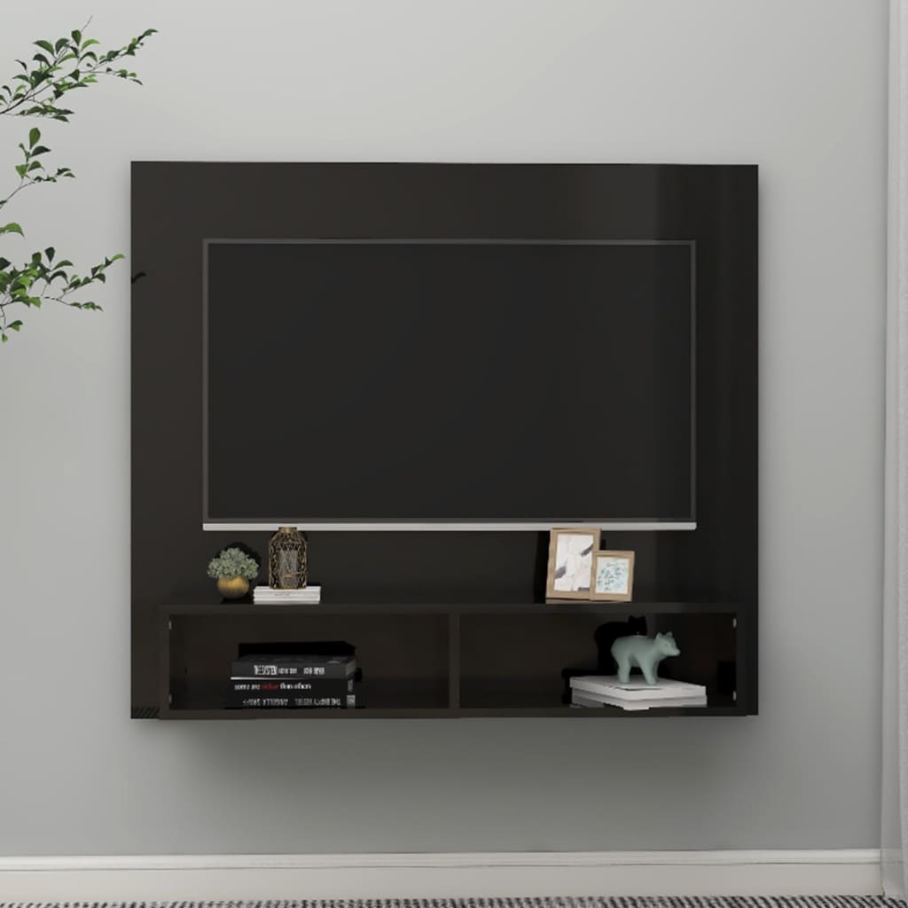 Meuble TV mural Noir brillant 102x23,5x90 cm Bois d’ingénierie