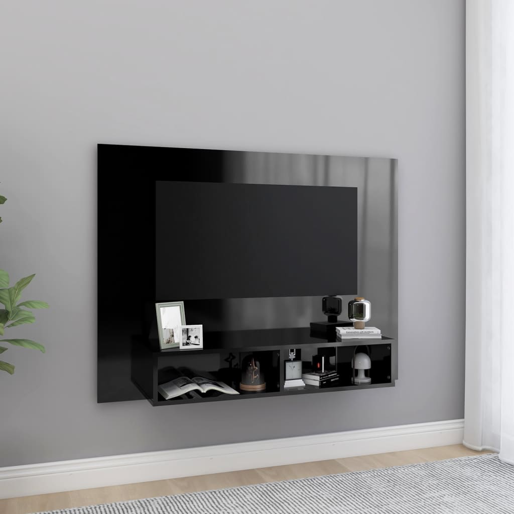 Meuble TV mural Noir brillant 120x23,5x90 cm Bois d’ingénierie