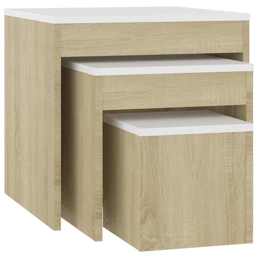 Tables gigognes 3 pcs Blanc et chêne sonoma Bois d’ingénierie