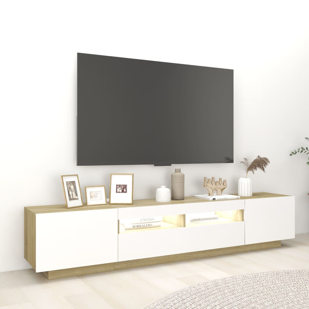 Meuble TV avec lumières LED blanc et chêne sonoma 200x35x40 cm