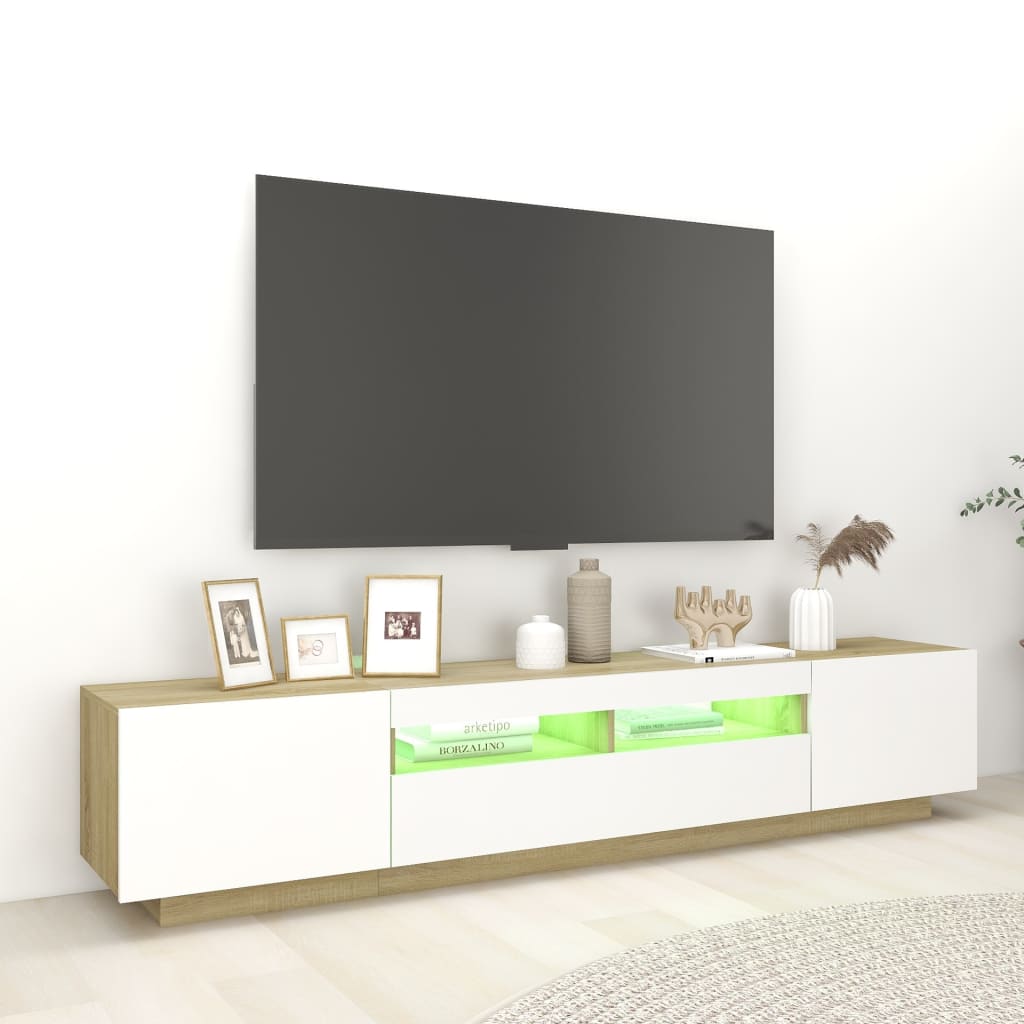 Meuble TV avec lumières LED blanc et chêne sonoma 200x35x40 cm