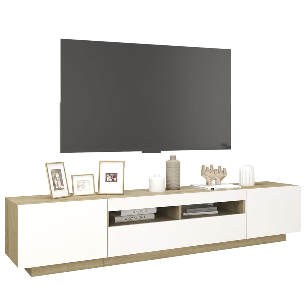 Meuble TV avec lumières LED blanc et chêne sonoma 200x35x40 cm