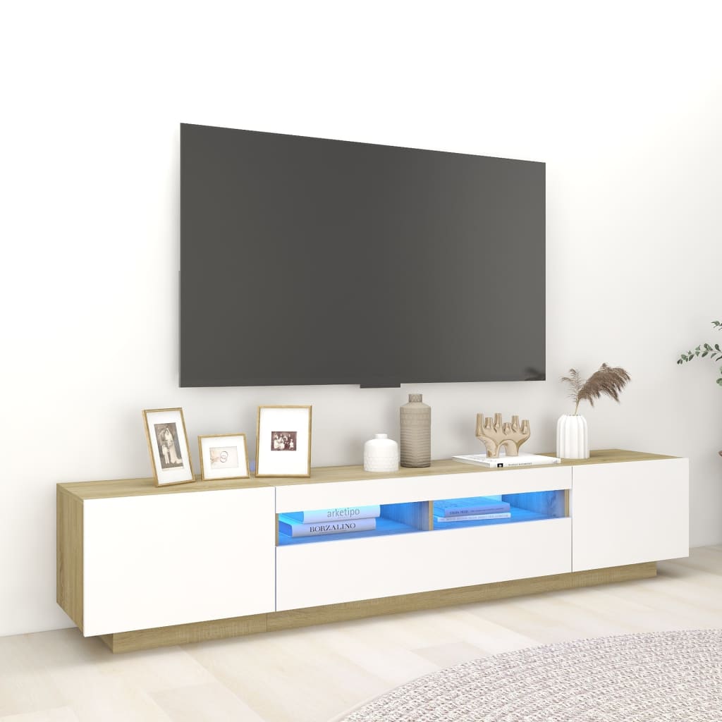 Meuble TV avec lumières LED blanc et chêne sonoma 200x35x40 cm