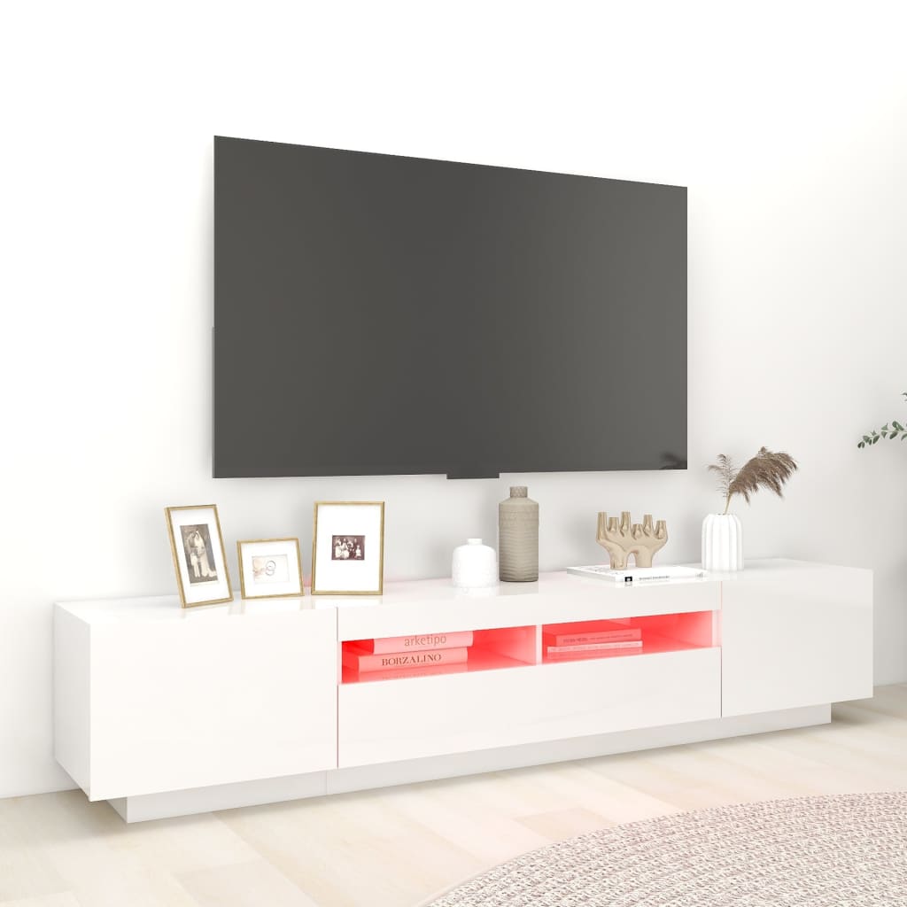 TV cabinet with LED lights Glossy white 200x35x40 cm