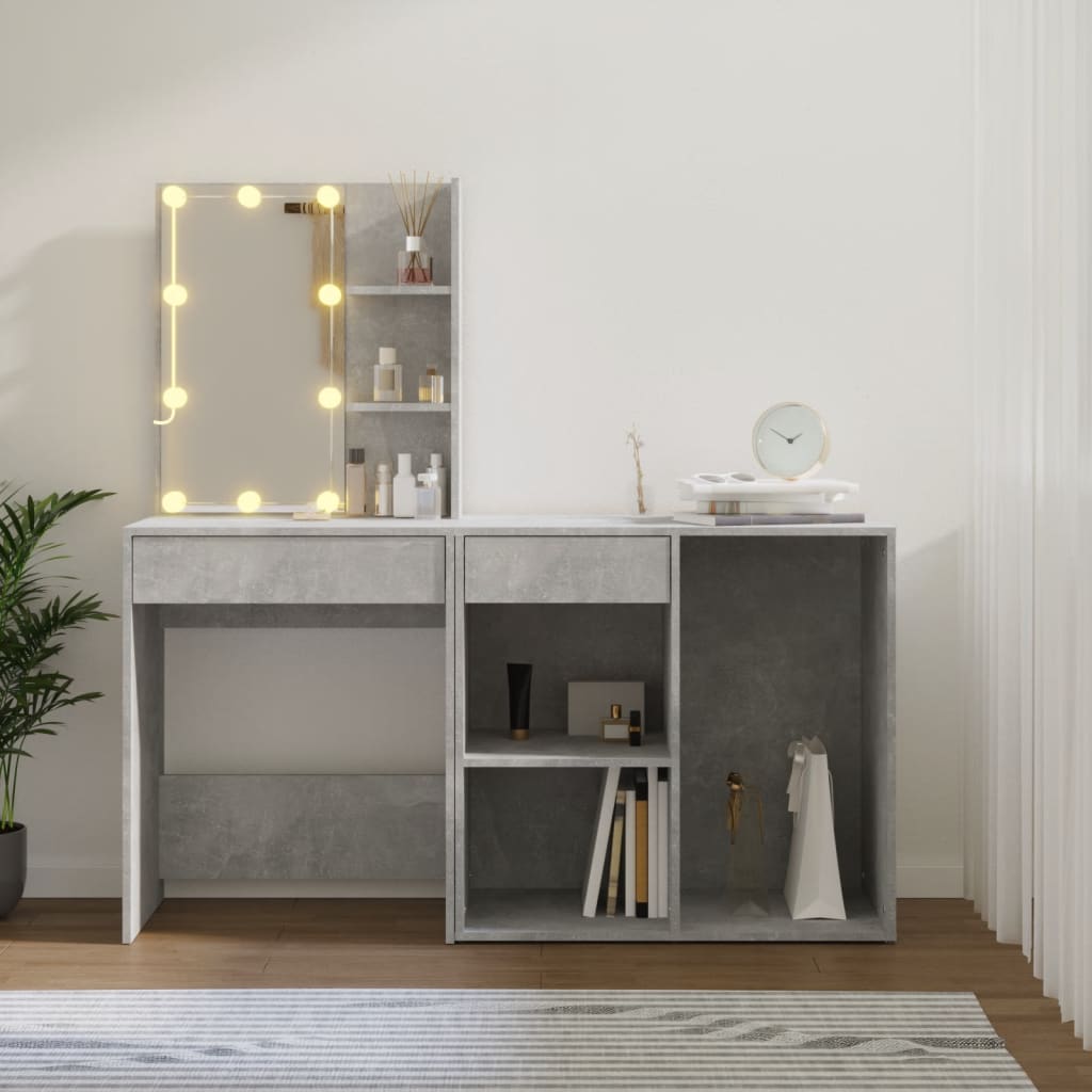 Coiffeuse à LED avec armoire Gris béton Bois d'ingénierie