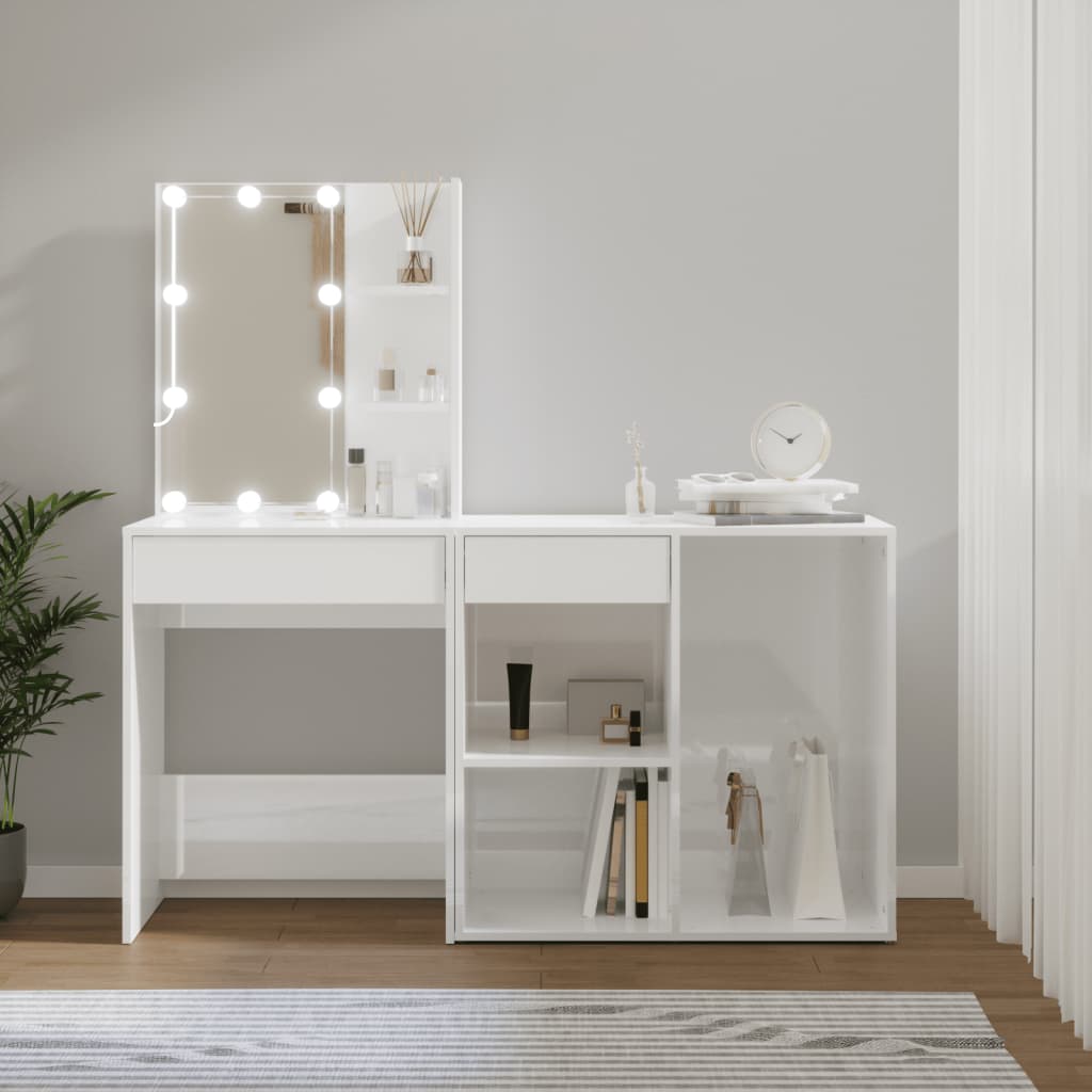 Coiffeuse à LED avec armoire Blanc brillant Bois d'ingénierie