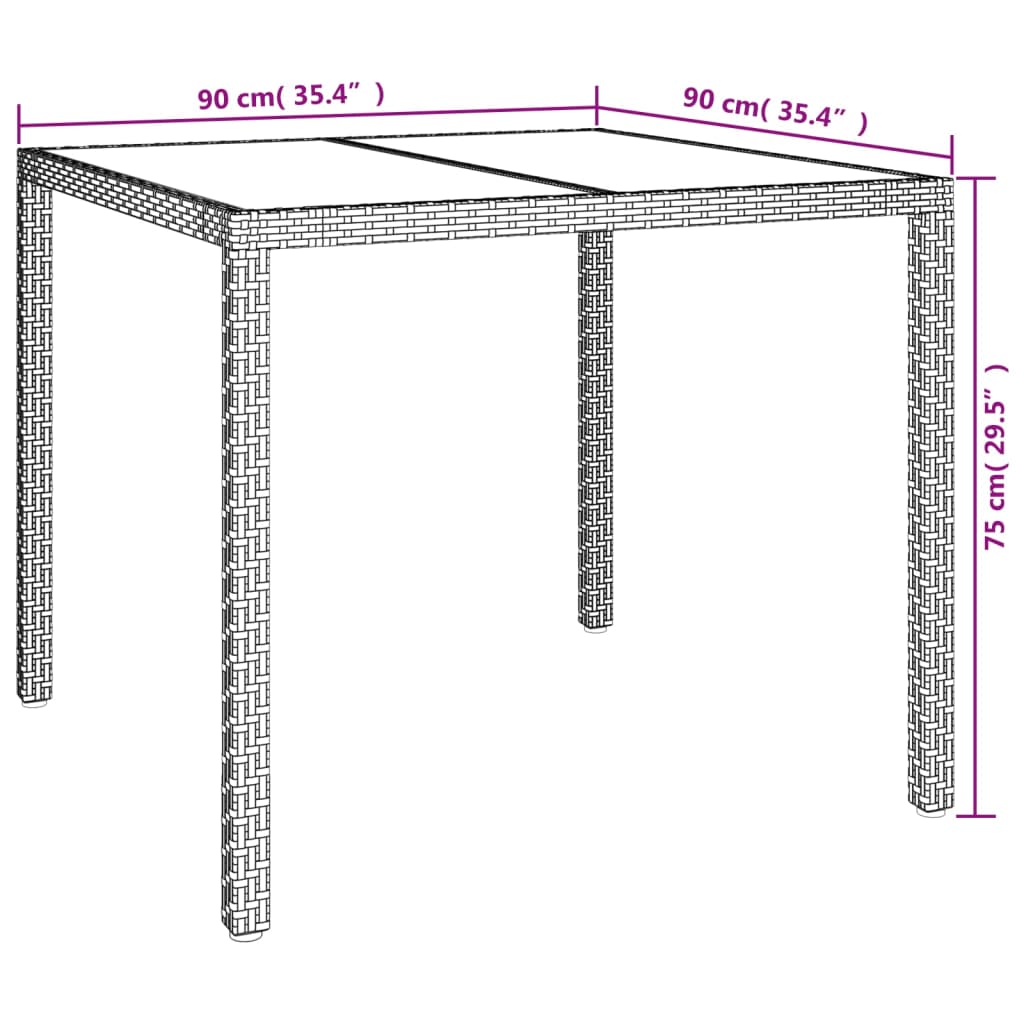 Table de jardin 90x90x75 cm Verre trempé/résine tressée Marron