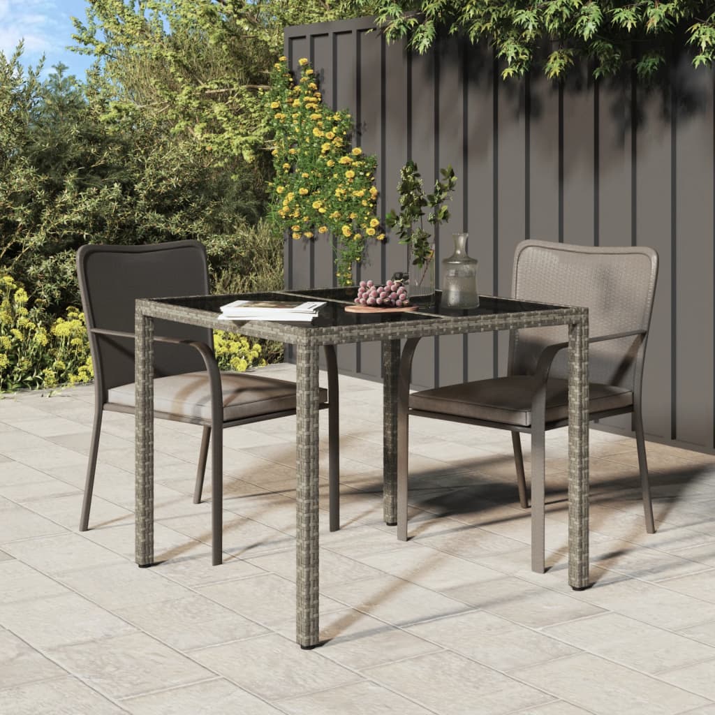 Table de jardin 90x90x75 cm Verre trempé et résine tressée Gris