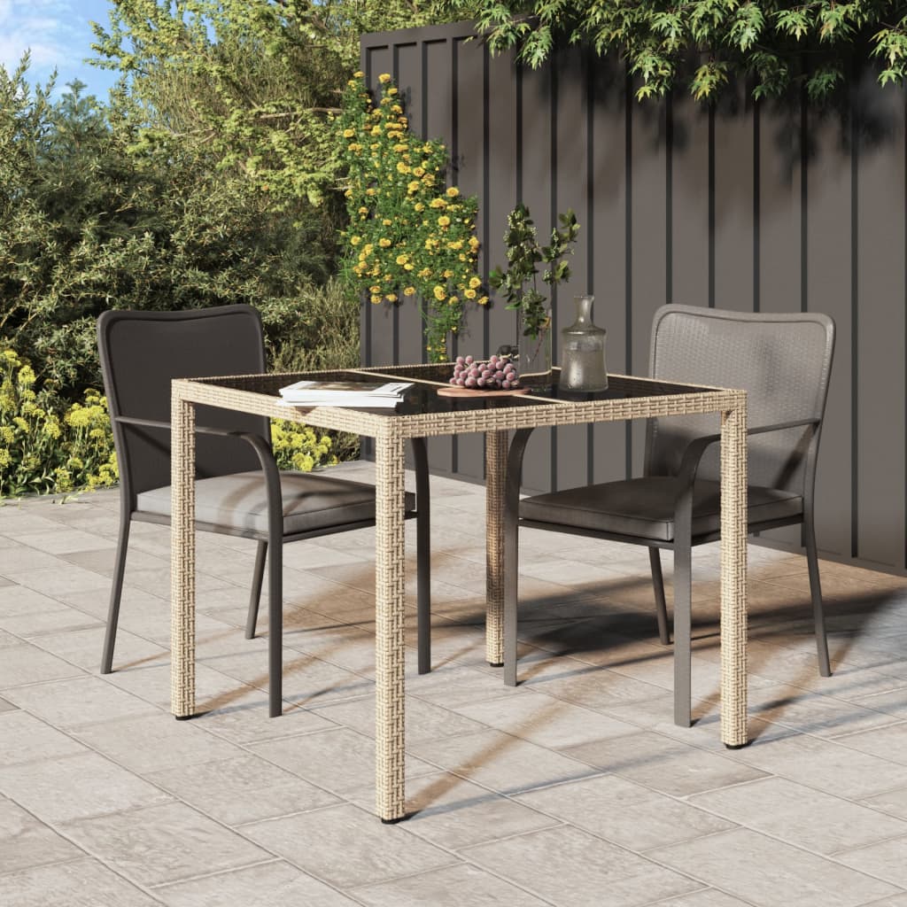 Table de jardin 90x90x75cm Verre trempé et résine tressée Beige