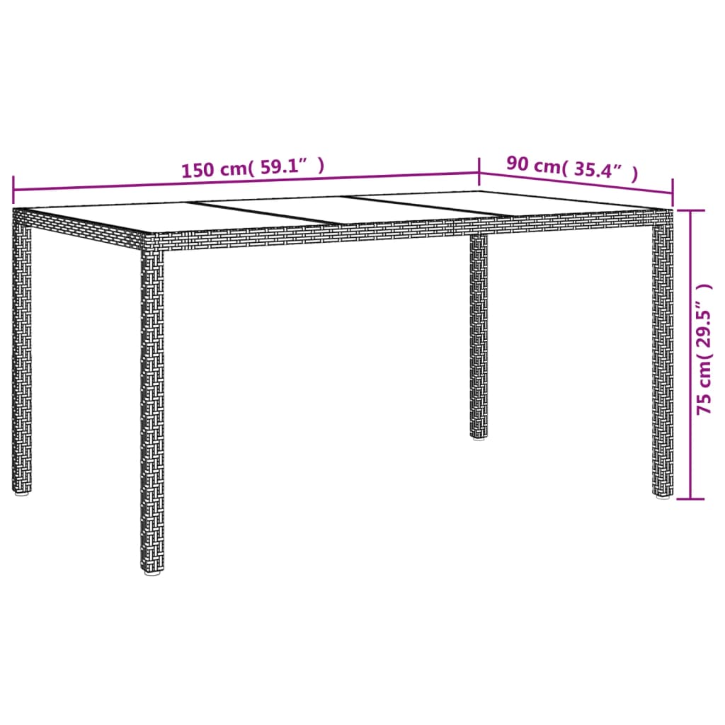 Table de jardin 150x90x75 cm Verre trempé/résine tressée Marron