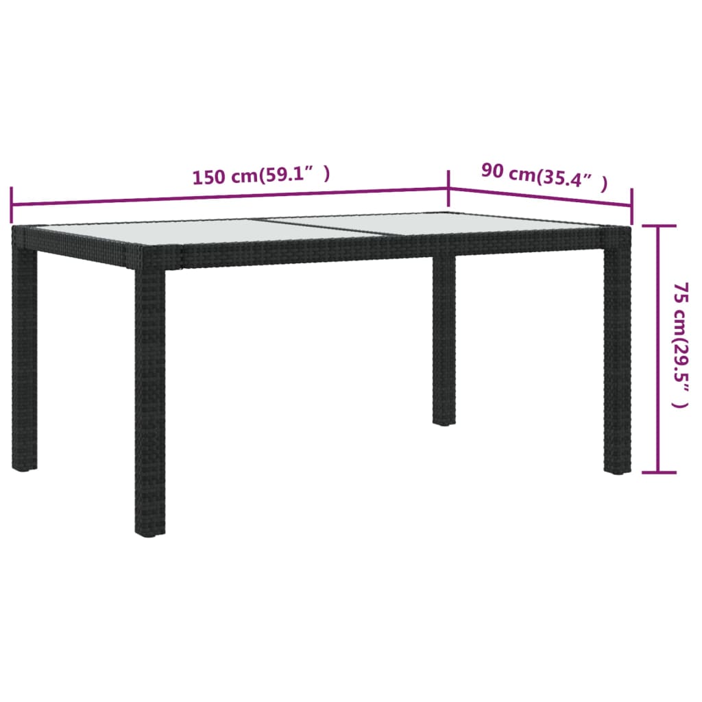 Table de jardin 150x90x75cm Verre trempé et résine tressée Noir