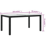 Table de jardin 150x90x75cm Verre trempé et résine tressée Noir