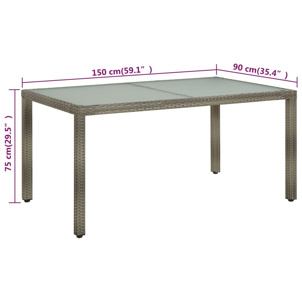 Table de jardin 150x90x75 cm Verre trempé et poly rotin Gris