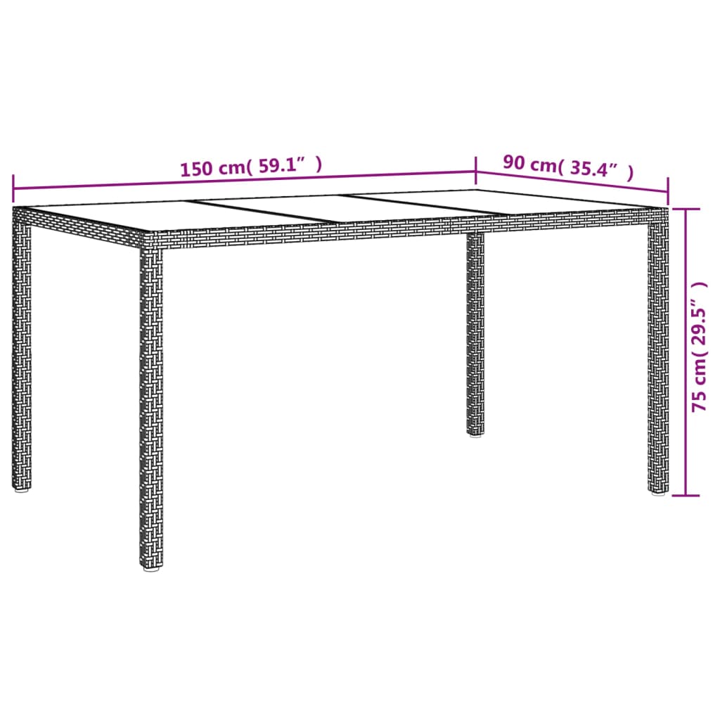 Table de jardin 150x90x75 cm Verre trempé et poly rotin Gris