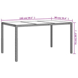 Table de jardin 150x90x75 cm Verre trempé et poly rotin Gris