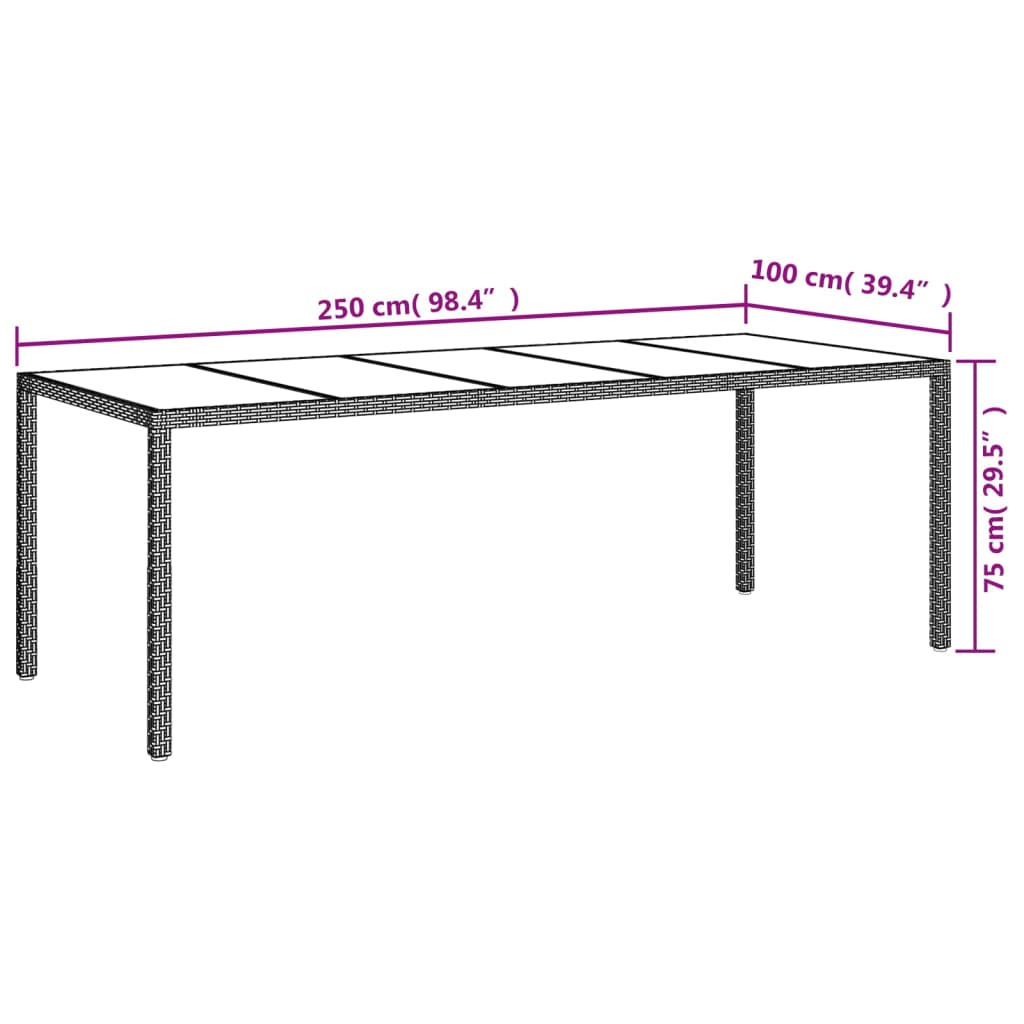 Table de jardin Noir 250x100x75 cm Verre trempé et poly rotin