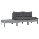 Salon de jardin 3 pcs avec coussins Gris Bois de pin massif