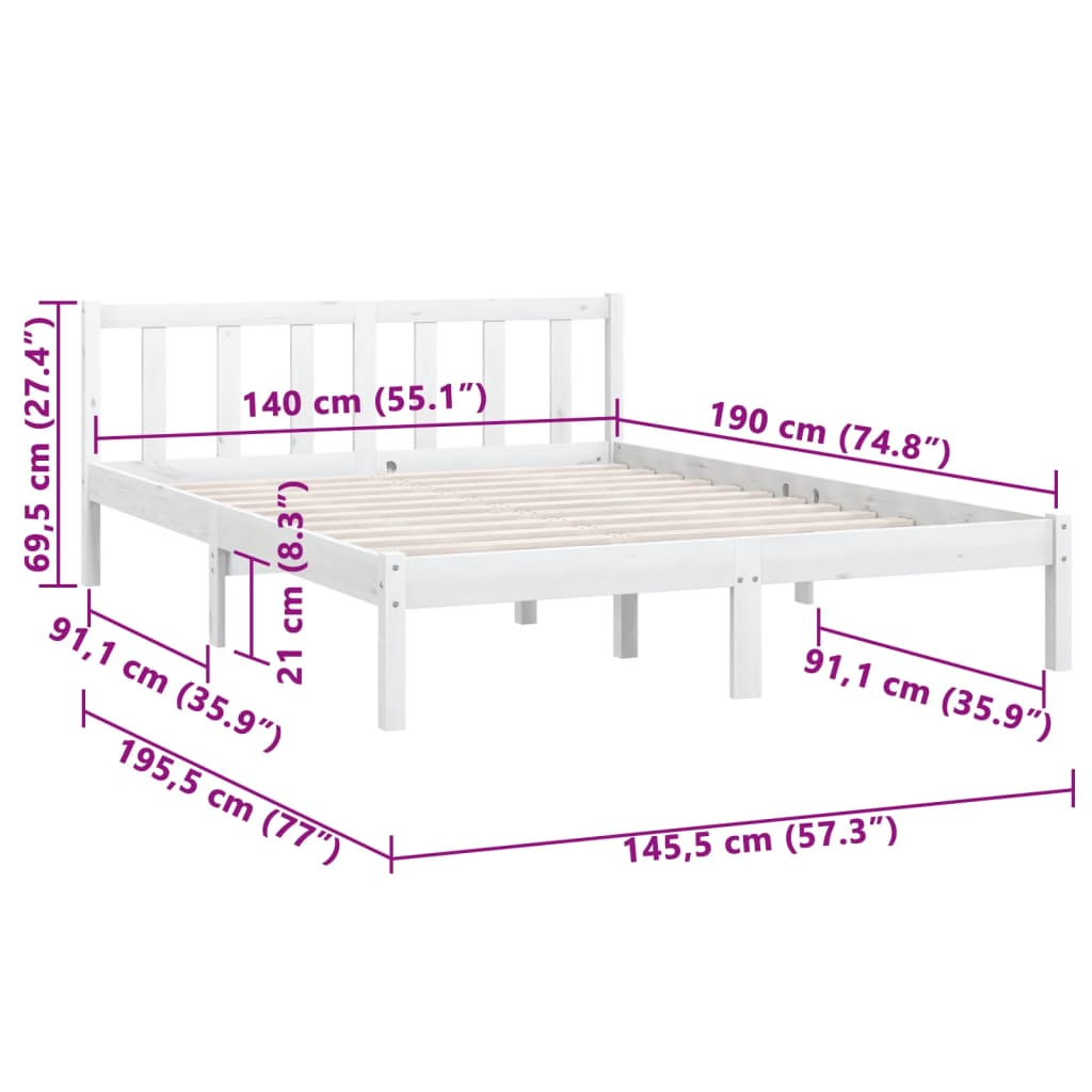 Bettgestell ohne Matratze aus weißem Massivholz 140x190 cm