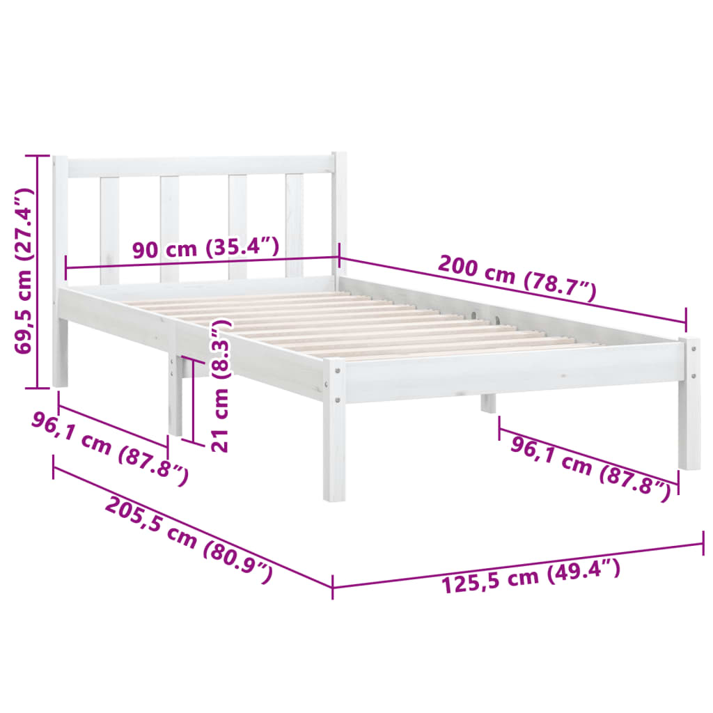 Cadre de lit sans matelas blanc bois massif 90x200 cm