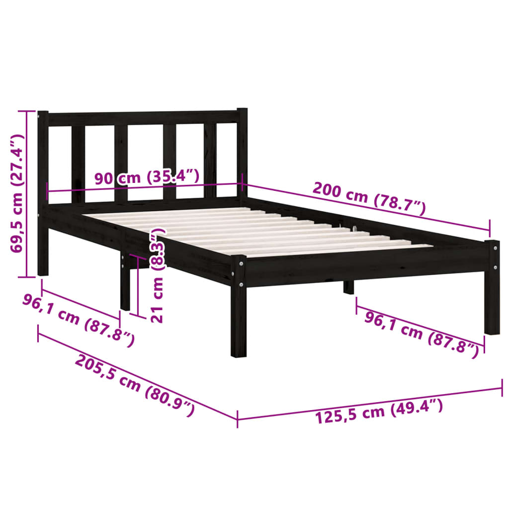 Bettgestell ohne Matratze aus schwarzem Massivholz 90x200 cm