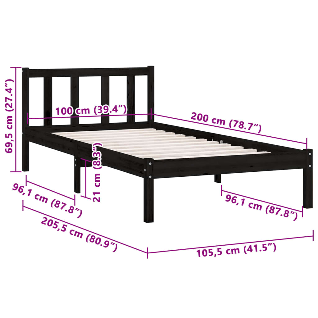 Bettgestell ohne Matratze aus schwarzem Massivholz 100x200 cm