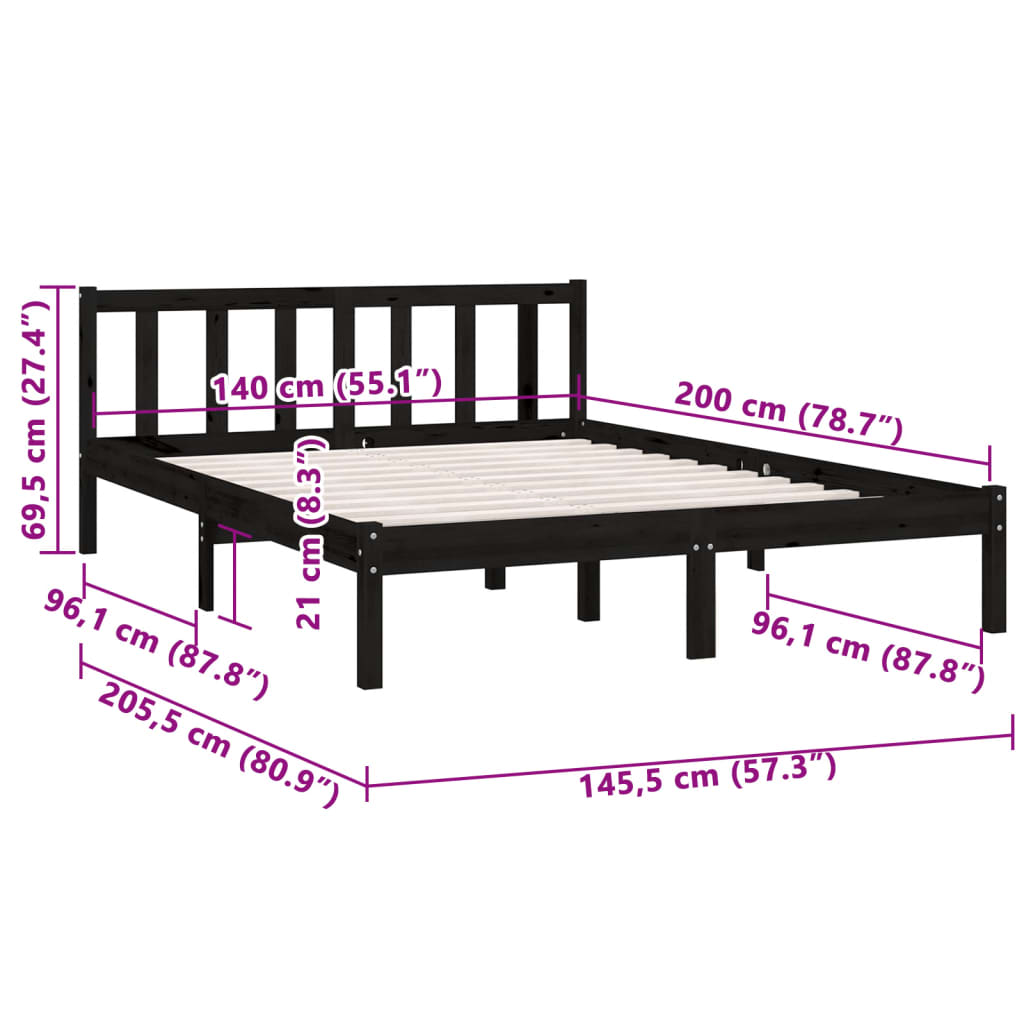 Bettgestell ohne Matratze aus schwarzem Massivholz 140x200 cm