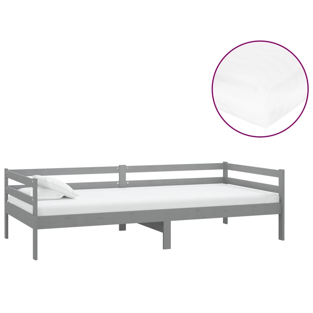 Lit de repos avec matelas 90x200 cm Gris Bois de pin massif