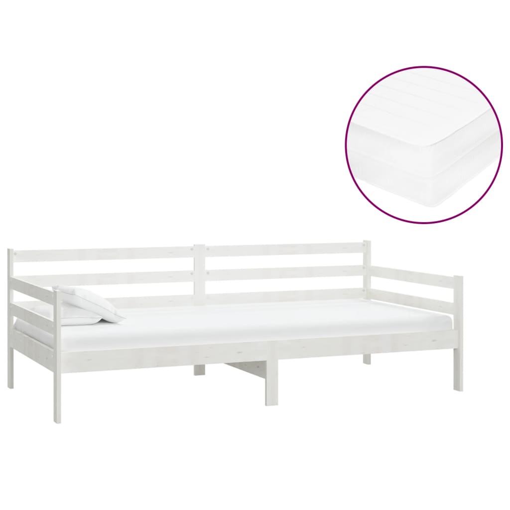 Lit de repos avec matelas 90x200 cm Blanc Bois de pin massif