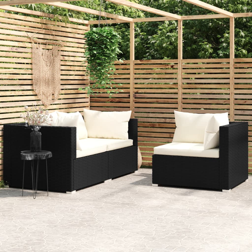 Salon de jardin 3 pcs avec coussins Noir Résine tressée