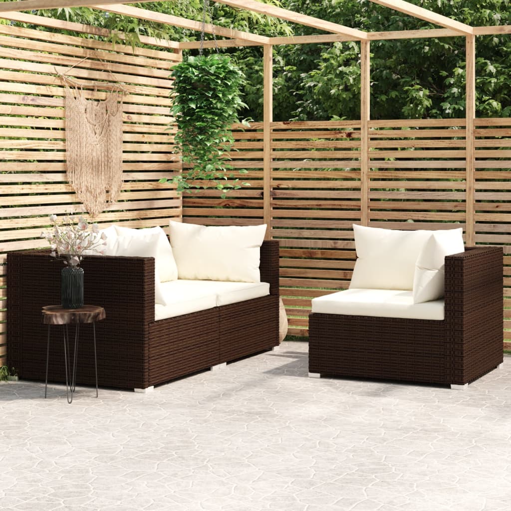 Salon de jardin 3 pcs avec coussins Marron Résine tressée