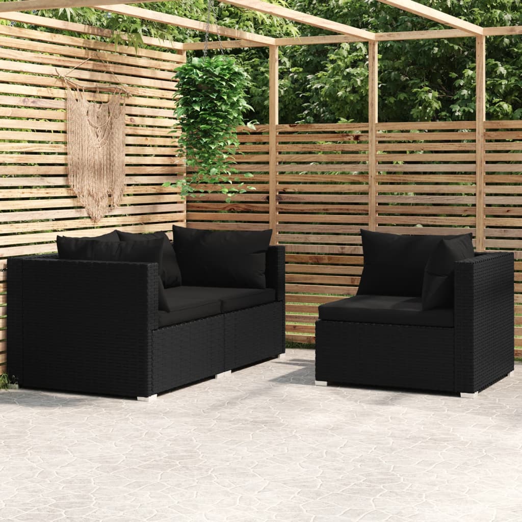 Salon de jardin 3 pcs avec coussins Noir Résine tressée