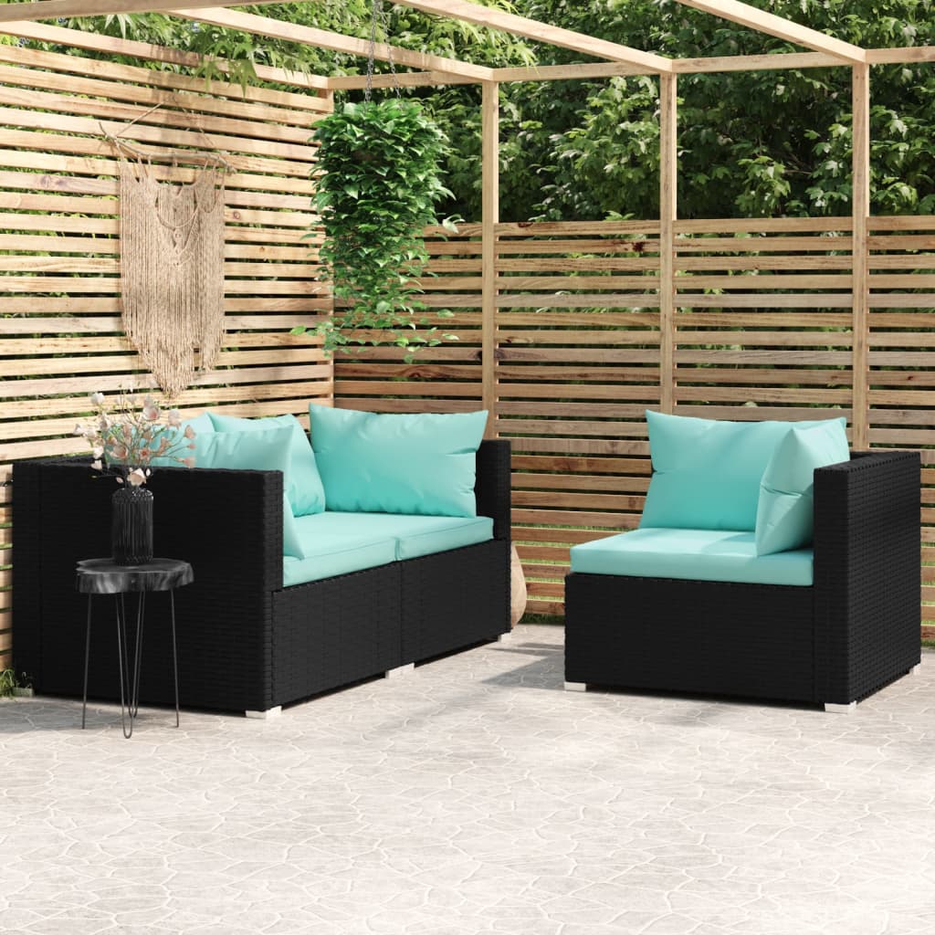 Salon de jardin 3 pcs avec coussins Noir Résine tressée