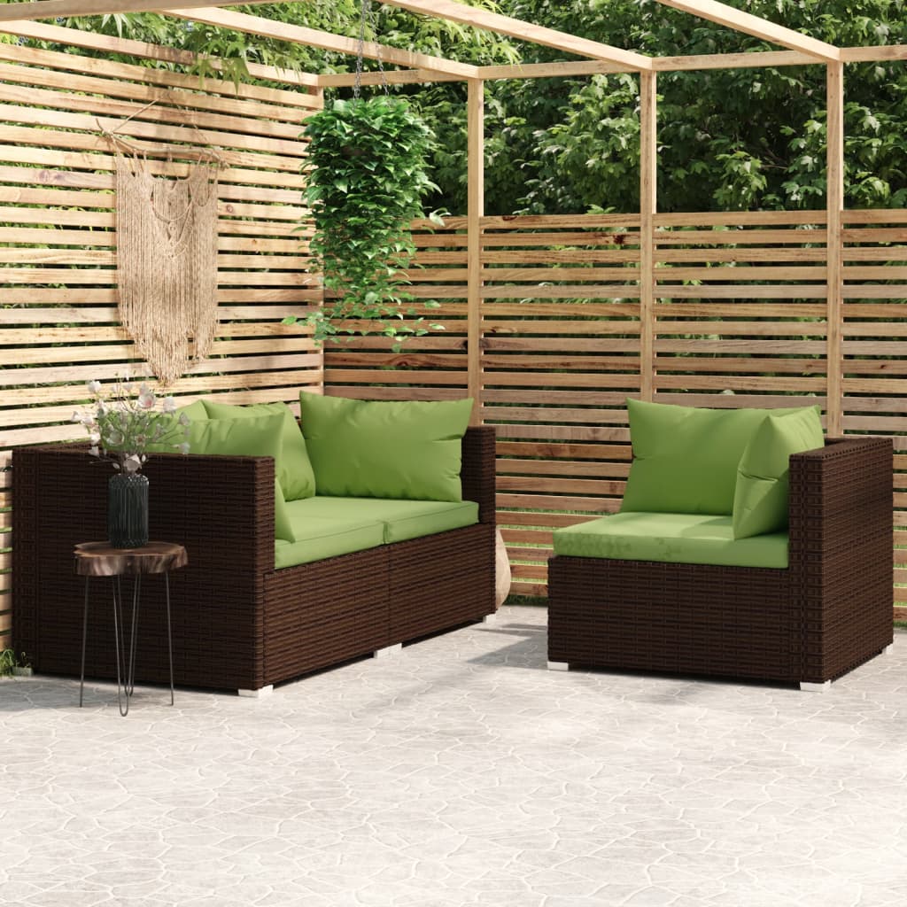 Salon de jardin 3 pcs avec coussins Marron Résine tressée