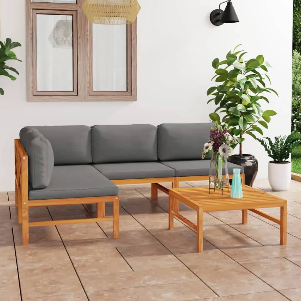 Salon de jardin 5 pcs avec coussins gris Bois de teck solide