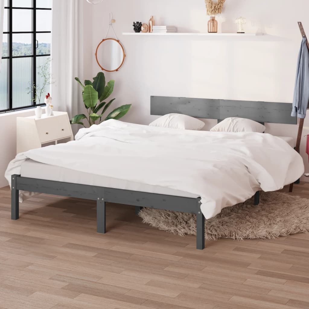 Cadre de lit sans matelas gris bois massif