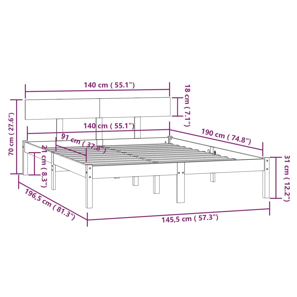 Cadre de lit sans matelas bois massif 140x190 cm