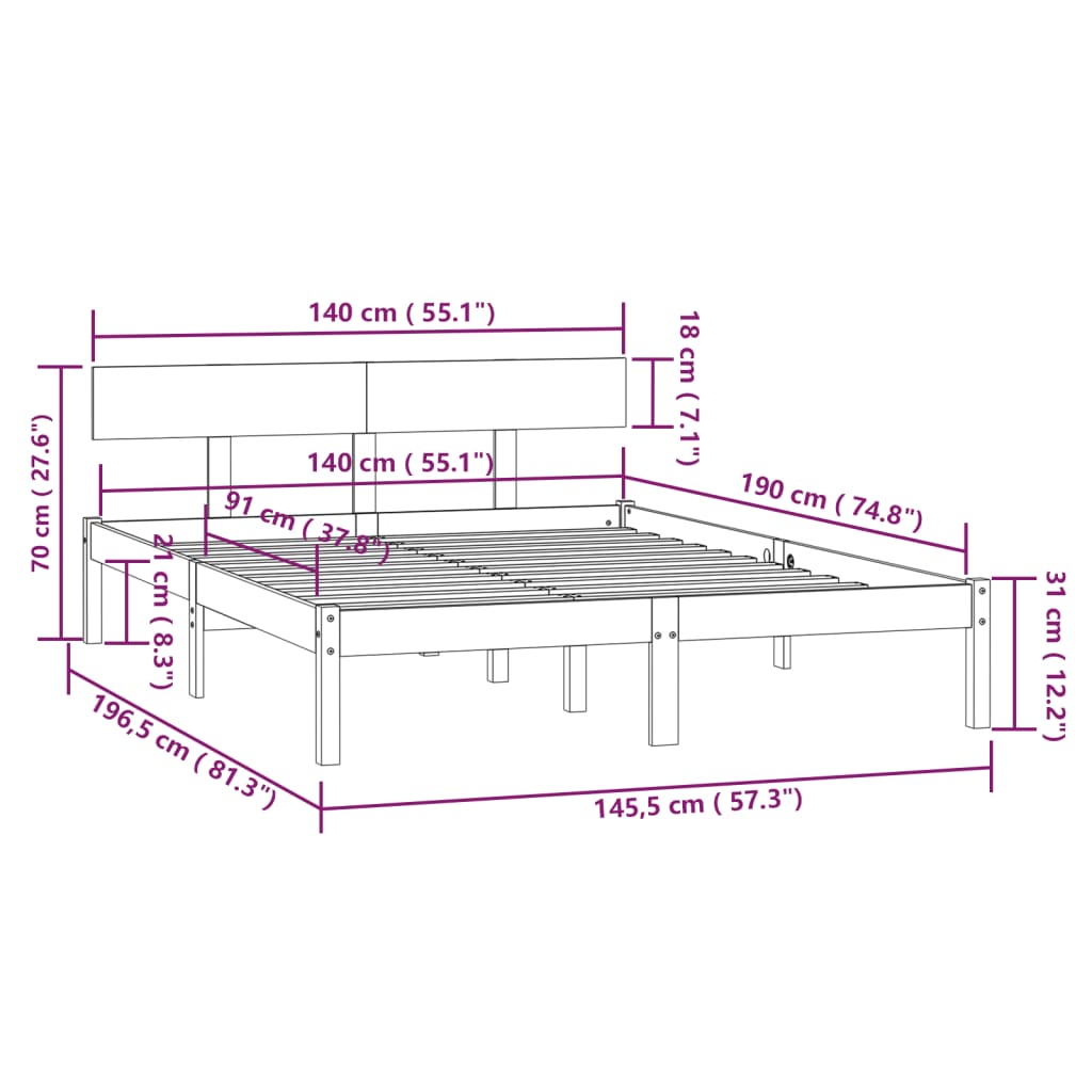 Cadre de lit sans matelas blanc bois massif 140x190 cm