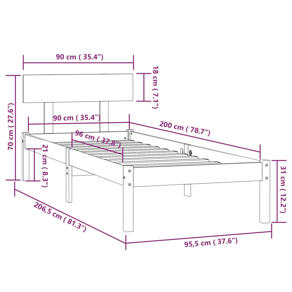 Cadre de lit sans matelas noir bois massif 90x200 cm