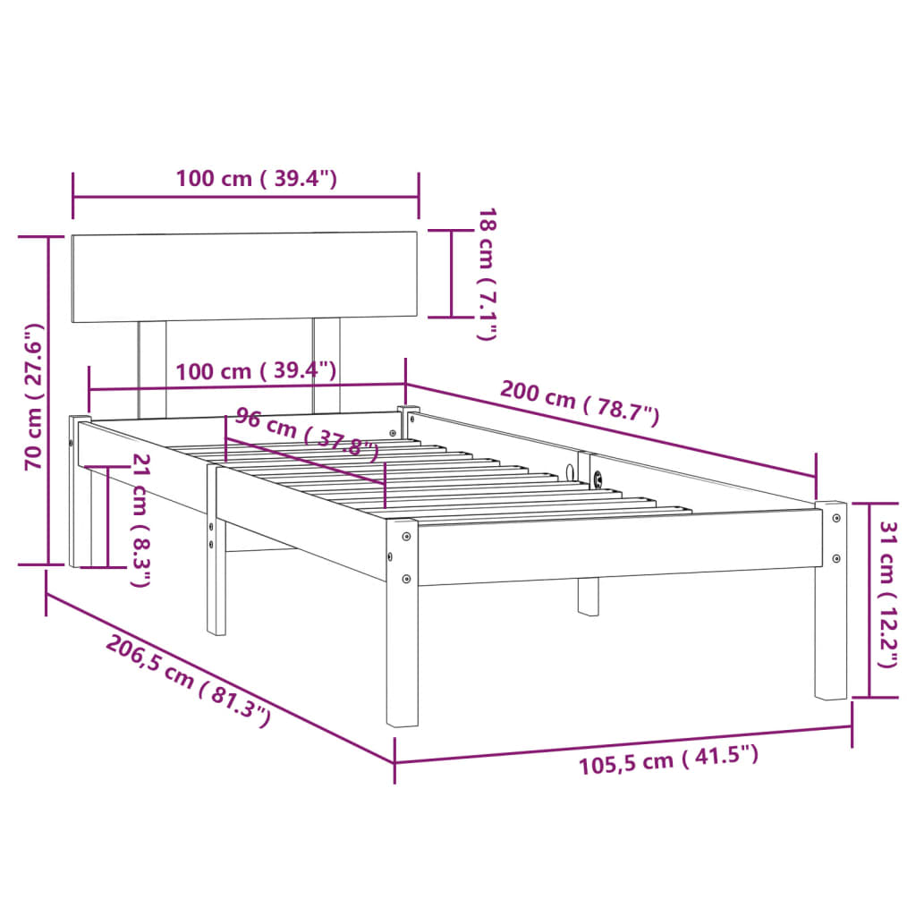 Cadre de lit sans matelas gris bois massif 100x200 cm