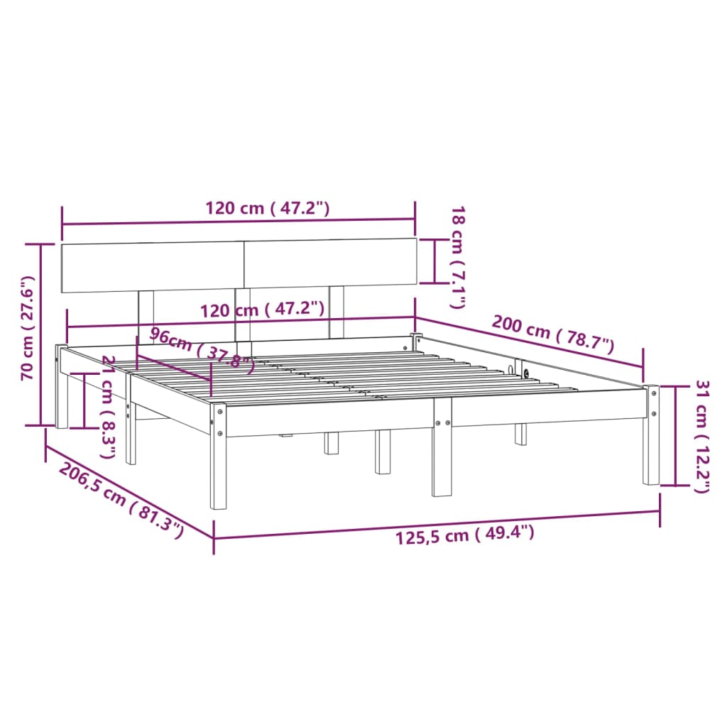 Cadre de lit sans matelas gris bois massif 120x200 cm