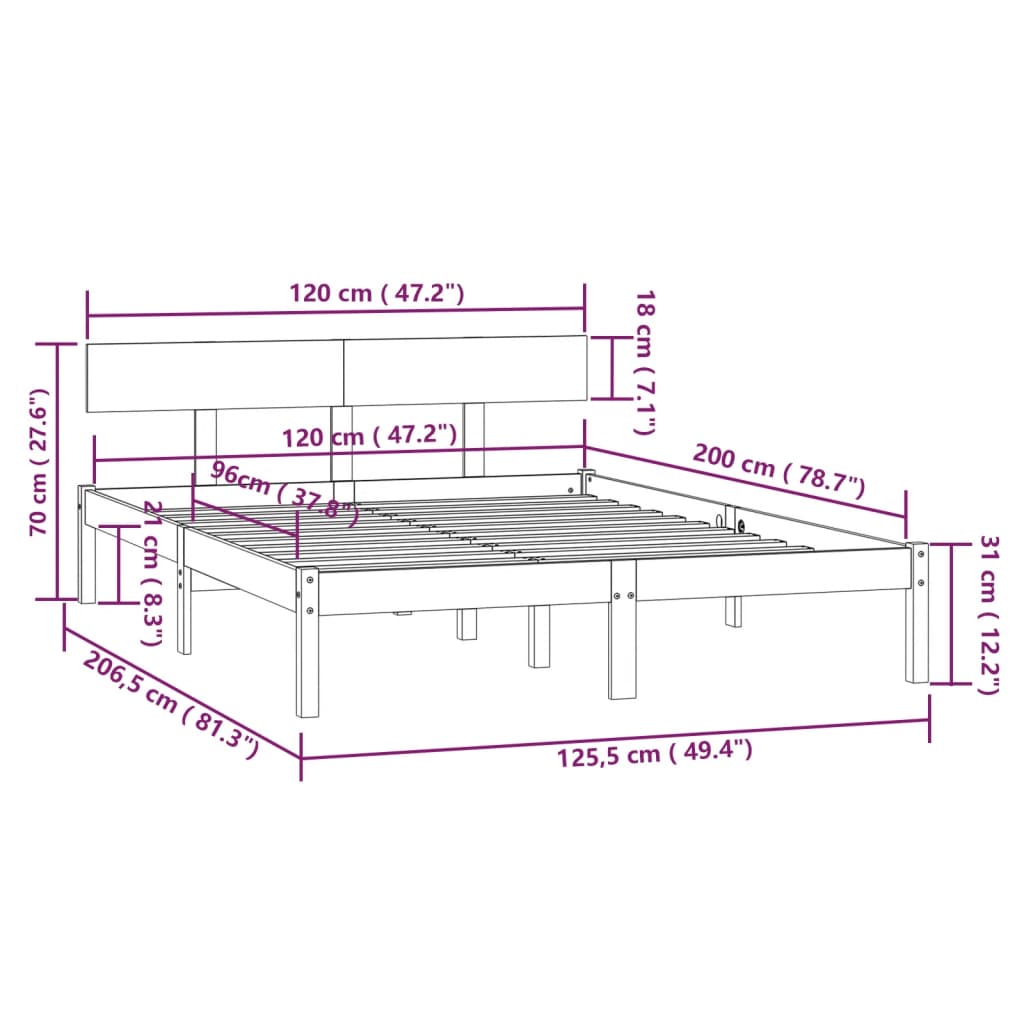 Cadre de lit sans matelas noir bois massif 120x200 cm