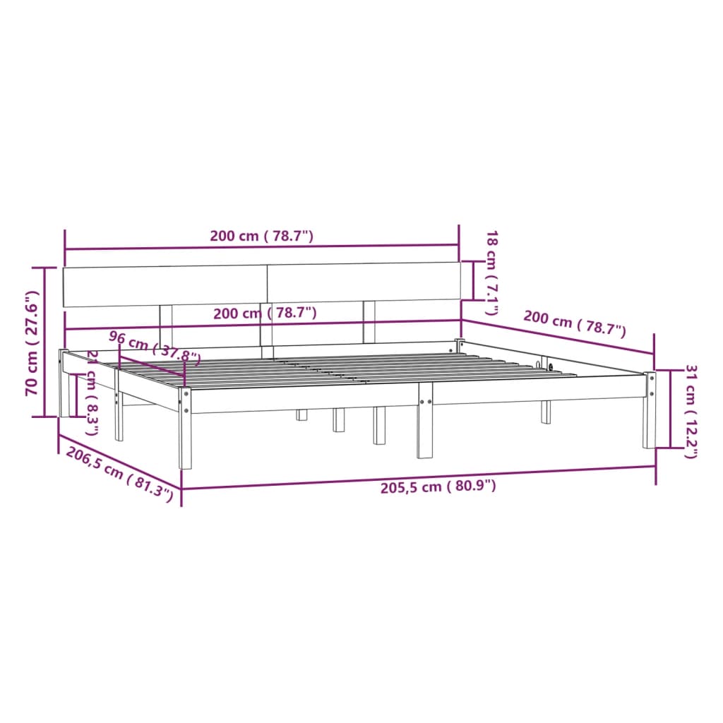 Cadre de lit sans matelas bois massif gris 200x200 cm