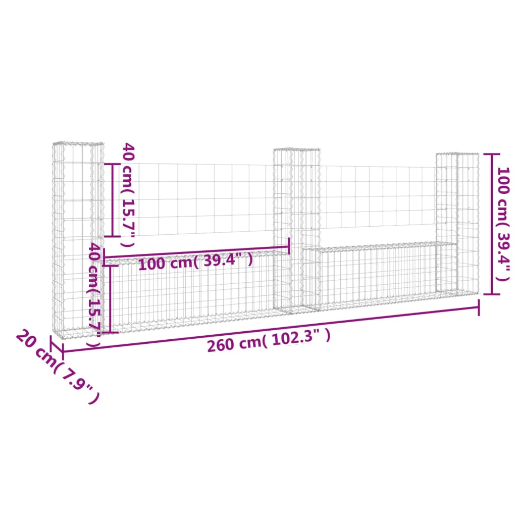 U-shaped gabion basket with 3 posts Iron 260x20x100 cm