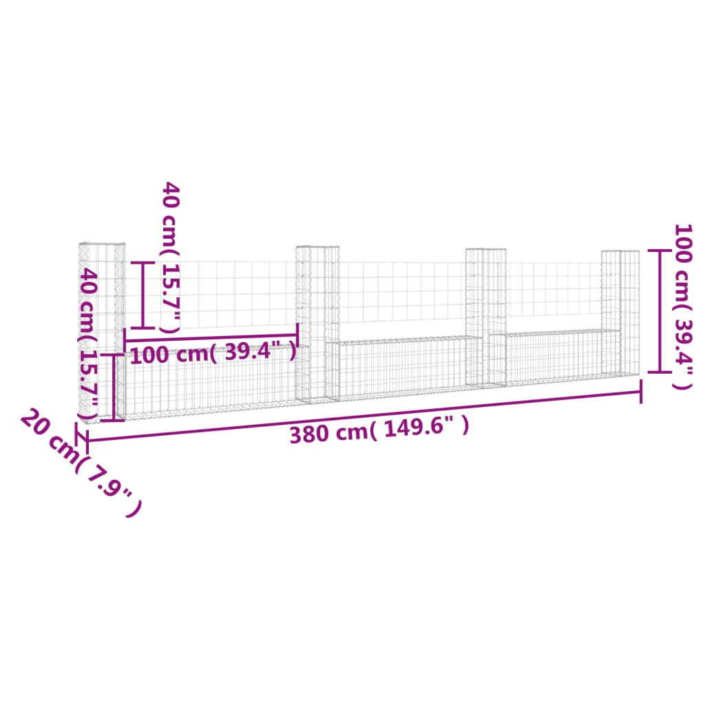 Panier de gabion en forme de U avec 4 poteaux Fer 380x20x100 cm