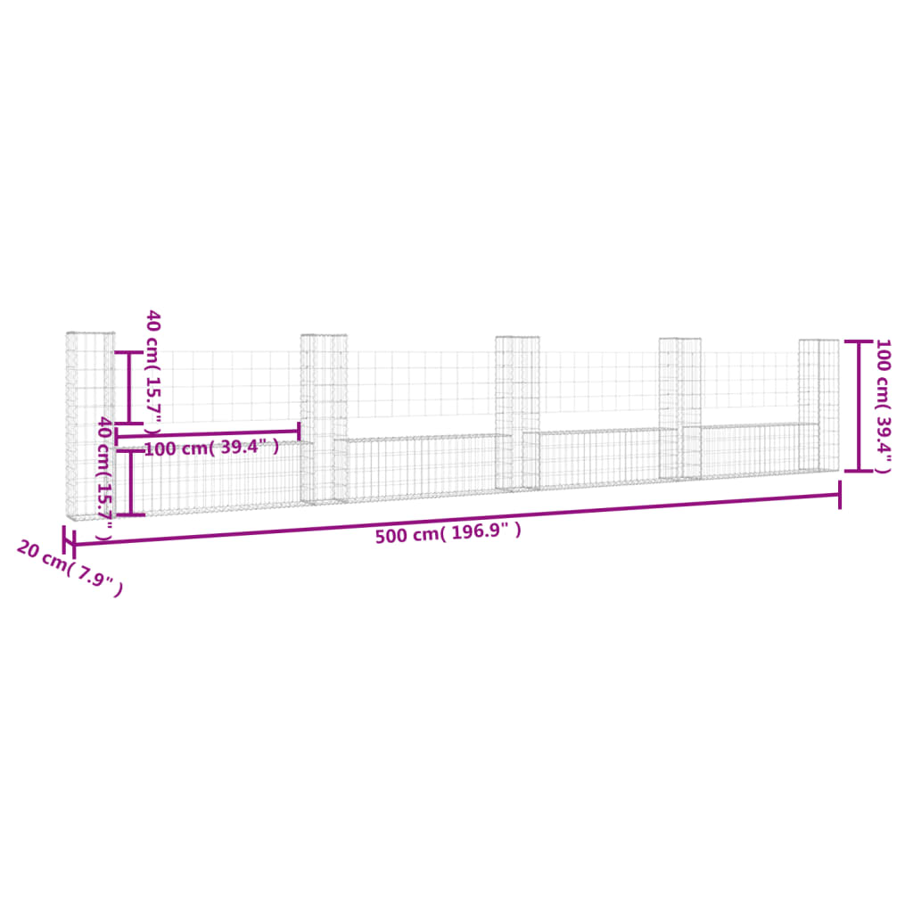 Panier de gabion en forme de U avec 5 poteaux Fer 500x20x100 cm