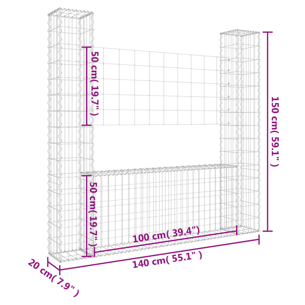 U-shaped gabion basket with 2 posts Iron 140x20x150 cm