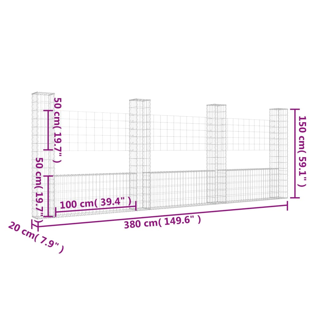 Panier de gabion en forme de U avec 4 poteaux Fer 380x20x150 cm