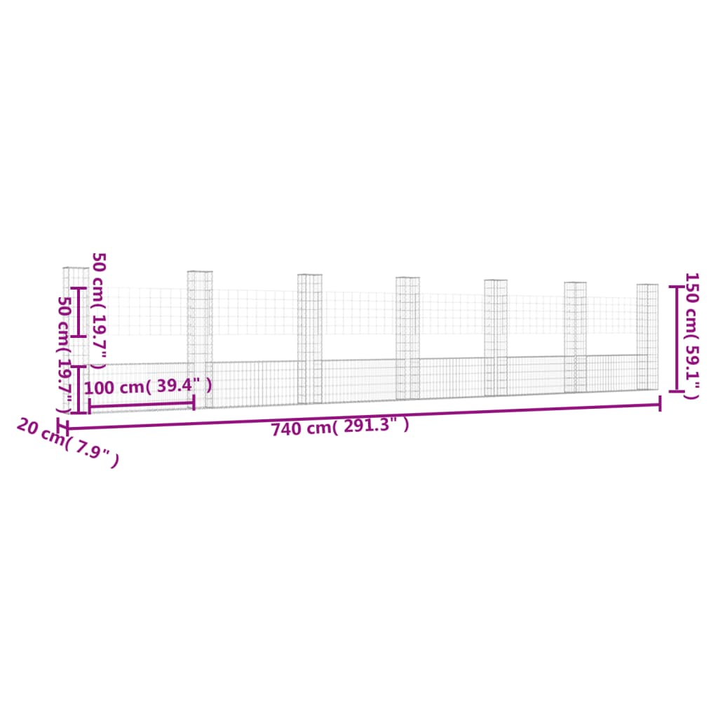 Panier de gabion en forme de U avec 7 poteaux Fer 740x20x150 cm